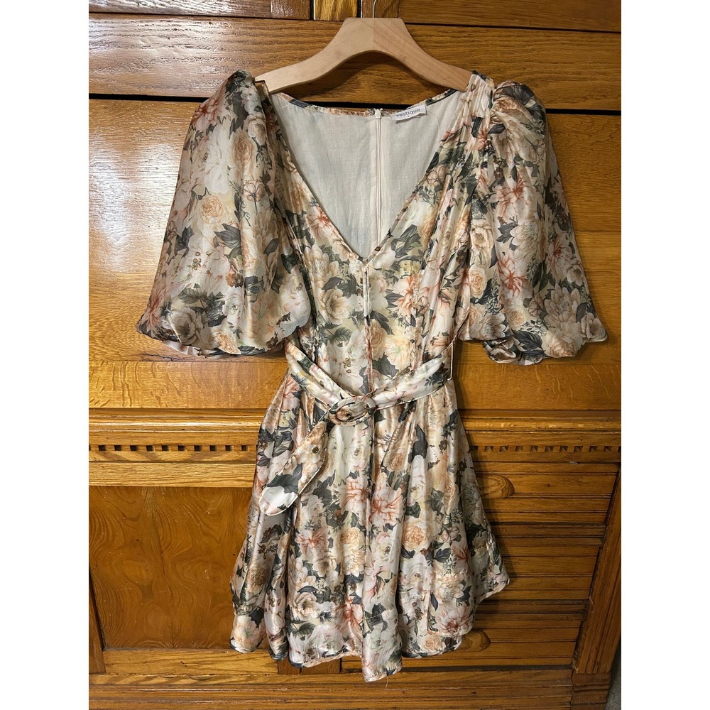Vestique Cottagecore Floral Puff Sleeve Mini Dress Belted V-Neck Romantic Boho